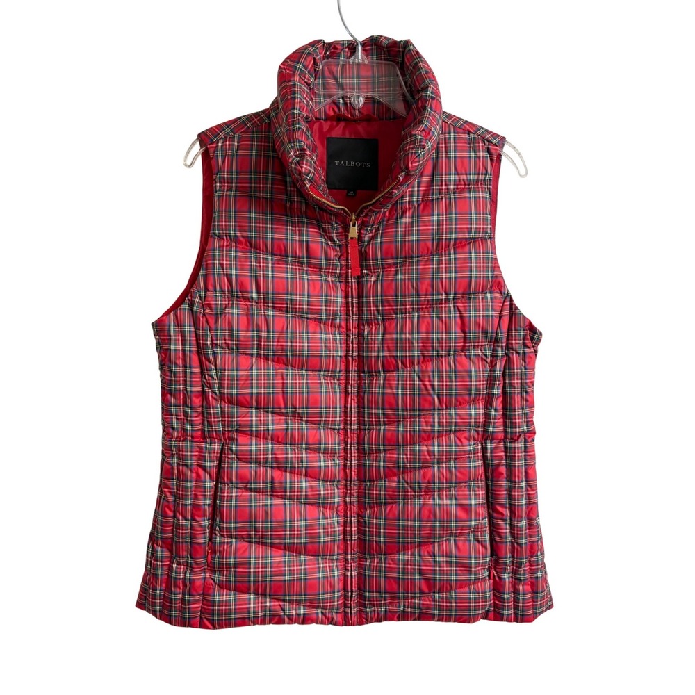 Talbots Red Tartan Plaid Down Puffer Vest Womens M Quilted Holiday Preppy